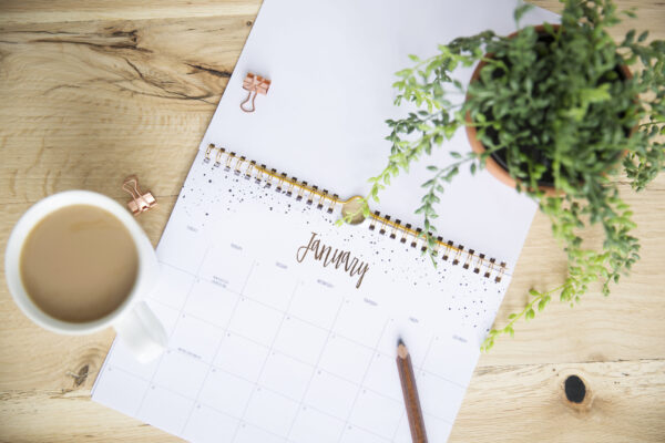 calendar, coffee, plant and pencil
